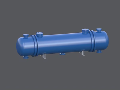 Blue Cylindrical Industrial Equipment Tank with Top Valves and Bottom Supports 3d model