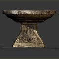 Ornate Ancient Stone Bowl With Intricate Carved Pedestal On Square Base