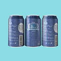 Three Blue Canned Beverage Cans With Patterns And Text On Light Blue Background