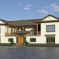 Chinese Style Detached Villa With White Walls Wooden Door And Overhanging Eaves