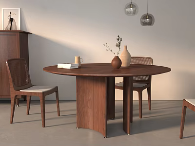 Round Wooden Dining Table Set With Chairs Vase Cup And Book 3d model