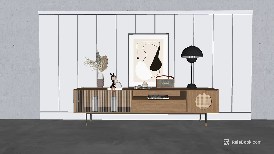 Modern Wooden TV Stand With Metal Legs Black Lamp Sculpture Vase And Abstract Wall Art 3d model 