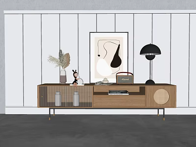 Modern Wooden TV Stand With Metal Legs Black Lamp Sculpture Vase And Abstract Wall Art 3d model