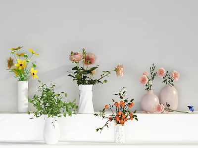 White and Pink Vases With Colorful Flowers Green Plants On Shelf Home Decor 3d model
