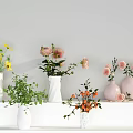 White and Pink Vases With Colorful Flowers Green Plants On Shelf Home Decor