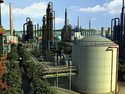 Modern Industrial Plant With Large Storage Tanks Piping Systems Chimneys And Surrounding Green Trees 3d model