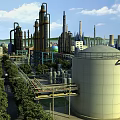 Modern Industrial Plant With Large Storage Tanks Piping Systems Chimneys And Surrounding Green Trees
