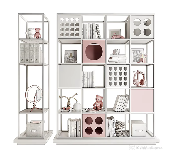 Modern Storage Shelving Unit With White Pink Compartments Books Decor And Toys For Home Organization 3d model 
