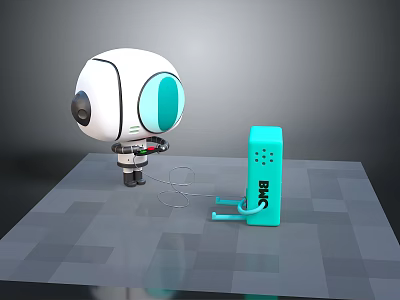 Cartoon White Robot Holding Game Controller With Green Device And Cable On Gray Floor 3d model