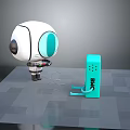 Cartoon White Robot Holding Game Controller With Green Device And Cable On Gray Floor