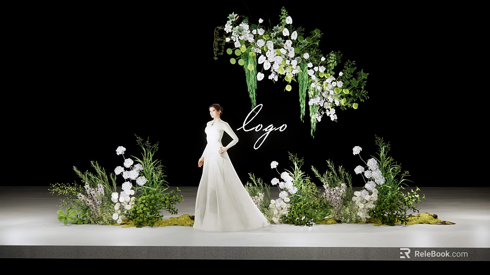Elegant Floral Installation Scene With Woman In White Dress And Hanging White Green Flowers 3d model 