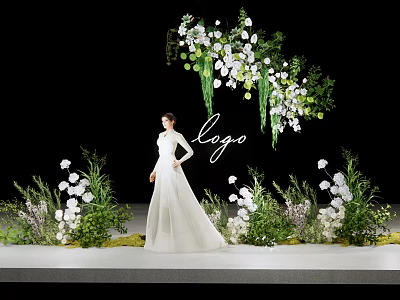 Elegant Floral Installation Scene With Woman In White Dress And Hanging White Green Flowers 3d model
