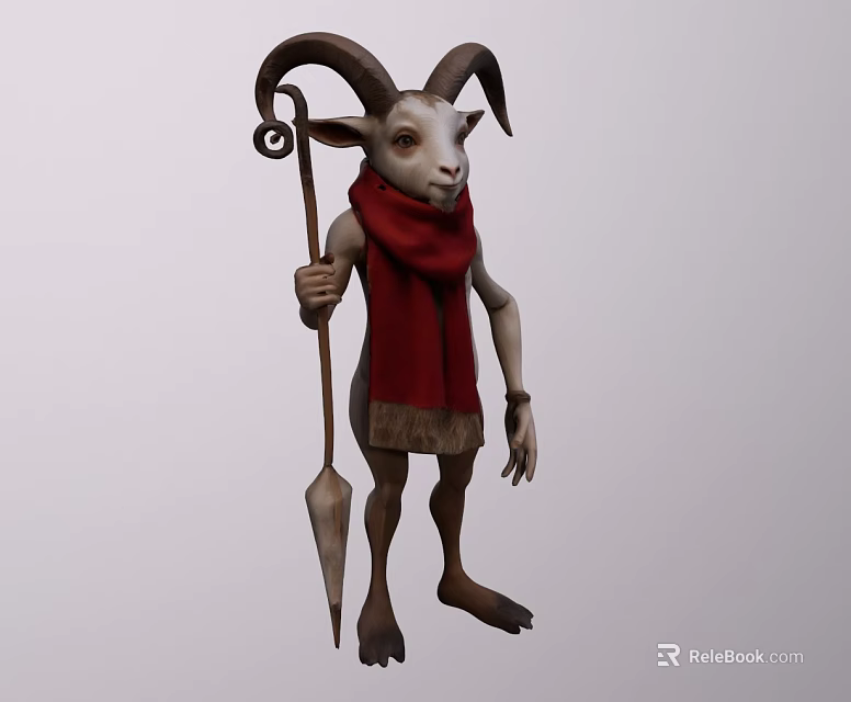 Mythical Horned Game And Movie Character With Red Scarf Holding Staff 3d model 