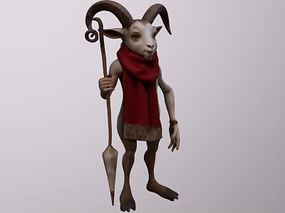Mythical Horned Game And Movie Character With Red Scarf Holding Staff 3d model