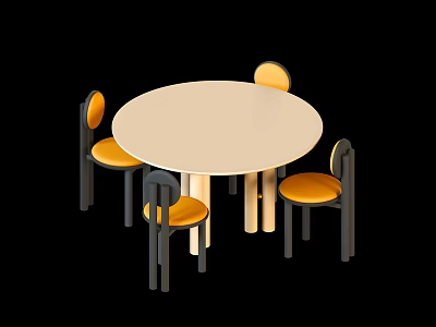Modern Round Dining Table Set with Four Chairs Yellow Seats and Black Legs 3d model