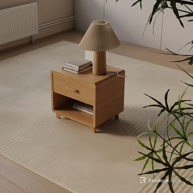 Modern Wooden Nightstand With Table Lamp Stacked Books Drawer And Open Shelf 3d model 