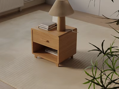 Modern Wooden Nightstand With Table Lamp Stacked Books Drawer And Open Shelf 3d model