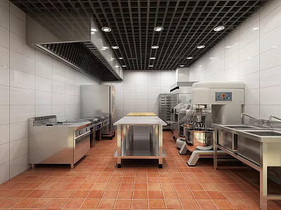 Commercial Kitchen Interior With Stainless Steel Equipment Worktables Red Floor Tiles And Tile Walls 3d model