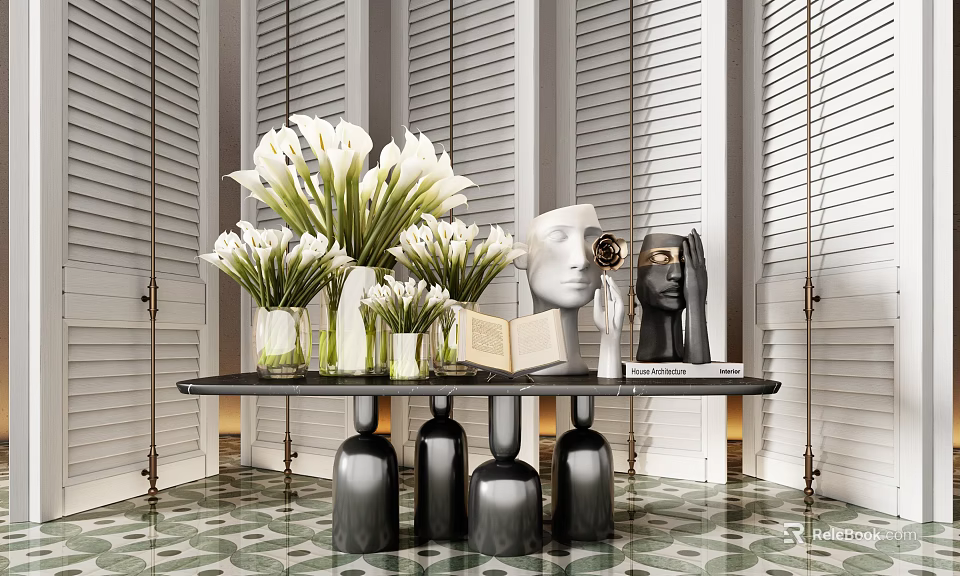 Elegant Console Table With White Lilies In Vases Head Sculptures And Books On Marble Flooring 3d model 