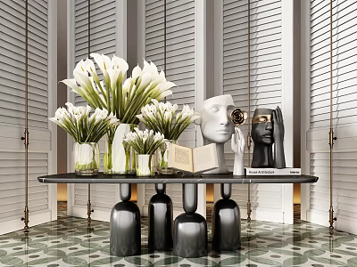 Elegant Console Table With White Lilies In Vases Head Sculptures And Books On Marble Flooring 3d model