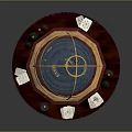 Red Wooden Table With Gold Armillary Sphere Candles And Cards On Top