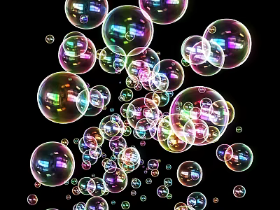 Colorful Soap Bubbles Floating on Black Background with Iridescent Hues 3d model