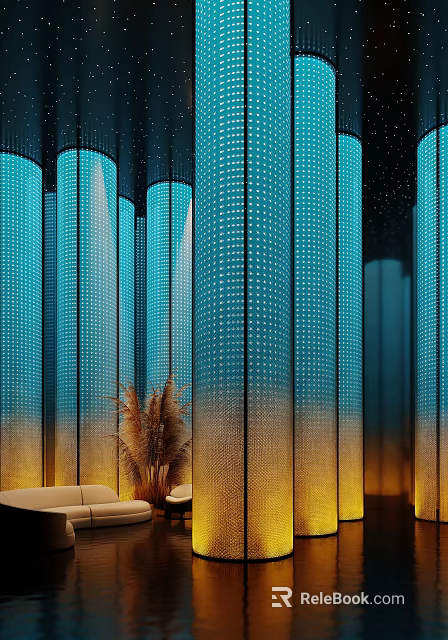Modern Interior Cylindrical Structures With Blue Yellow Gradient White Dots And Plant Decoration 3d model