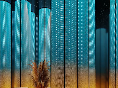 Modern Interior Cylindrical Structures With Blue Yellow Gradient White Dots And Plant Decoration 3d model