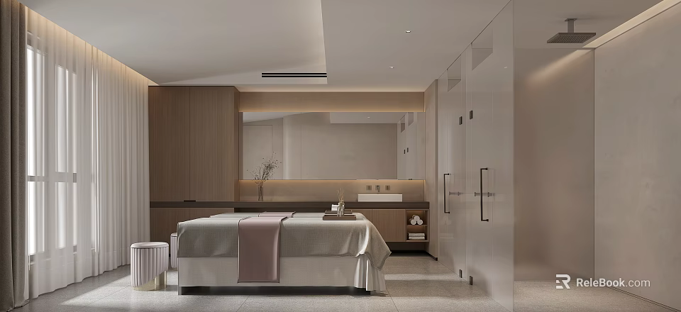 Modern Spa Interior Design With Massage Bed And Wood Accents 3d model 