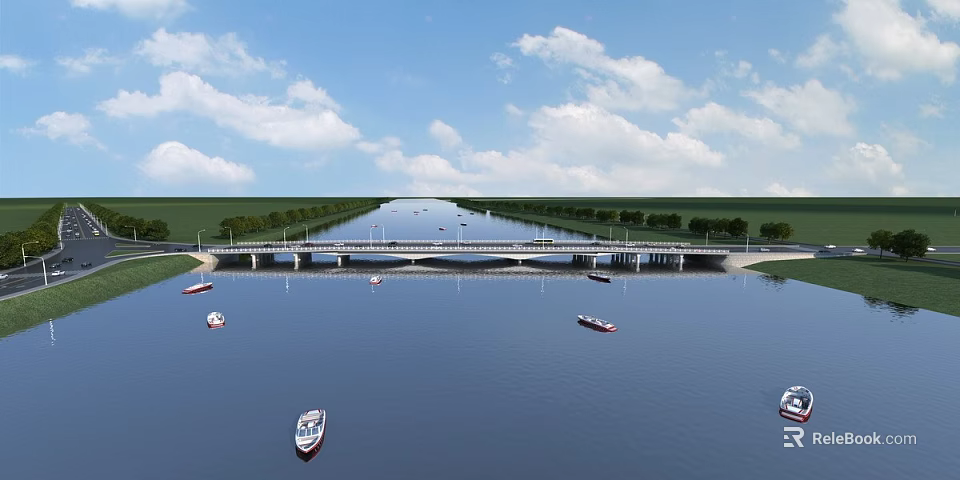 Scenic Bridge Over River With Boats Green Banks And Blue Sky 3d model 