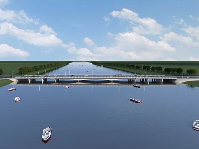 Scenic Bridge Over River With Boats Green Banks And Blue Sky 3d model