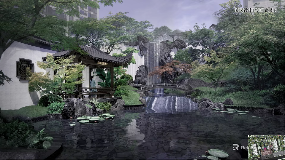 Rockery Stones With Waterfall And Pond In Traditional Garden Featuring Pavilion And Green Plants 3d model 