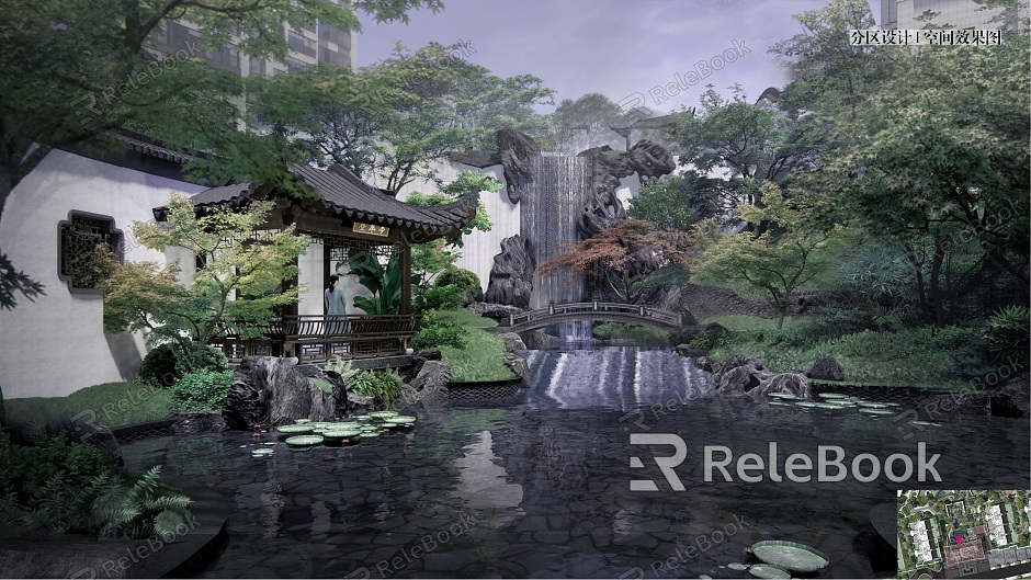 Chinese-style courtyard rockery pavilion stacked water courtyard model