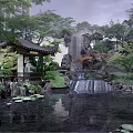 Rockery Stones With Waterfall And Pond In Traditional Garden Featuring Pavilion And Green Plants