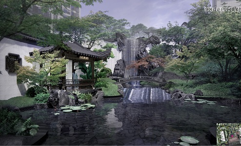 Chinese-style courtyard rockery pavilion stacked water courtyard 3d model