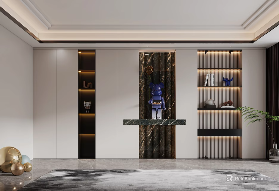 Modern Decorative Cabinets Interior Design With Layered Shelves Marble Backdrop And Decorative Items 3d model 