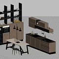 Modern Open Kitchen Interior With Dining Table Chairs And Wooden Cabinets 3d model