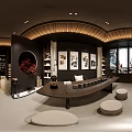 Chinese Style Restaurant Interior with Wooden Decorations Round Mirror Paintings and Tea Sets