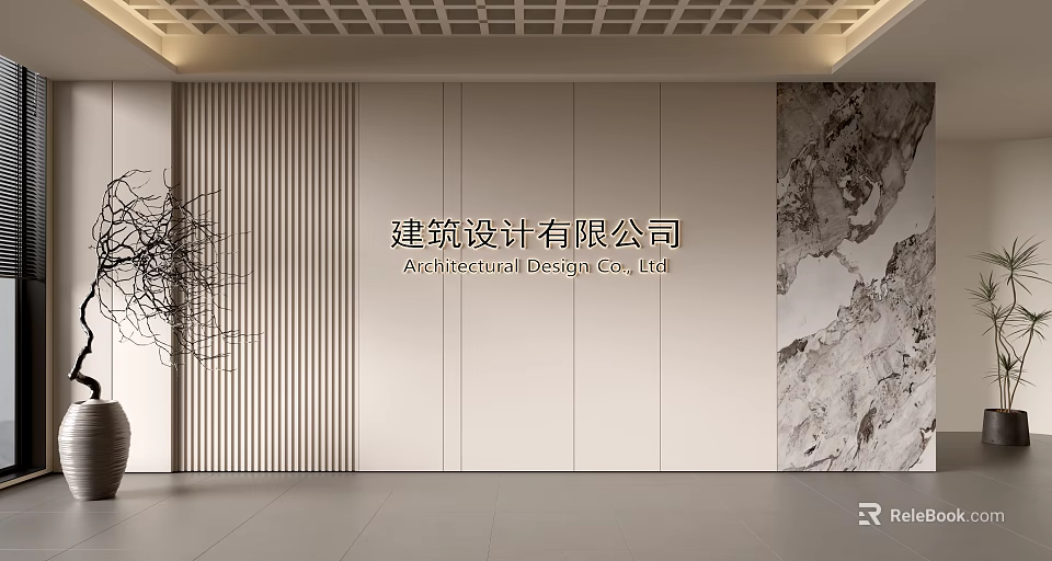 Modern Architectural Design Firm Feature Wall With Wooden Slats And Marble Accent 3d model 