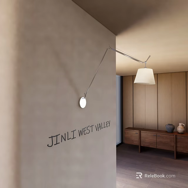 Modern Wall Lamp With Sleek Metal Arm And White Lampshade In Interior With Wooden Cabinet 3d model 