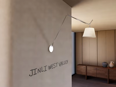 Modern Wall Lamp With Sleek Metal Arm And White Lampshade In Interior With Wooden Cabinet 3d model
