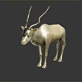 White and Light Brown Antelope with Long Curved Horns Standing Against Gray Background with Reflection