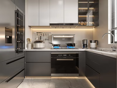 Modern Kitchen Interior With Sleek Cabinets Stainless Steel Refrigerator Built-in Oven And Range Hood 3d model
