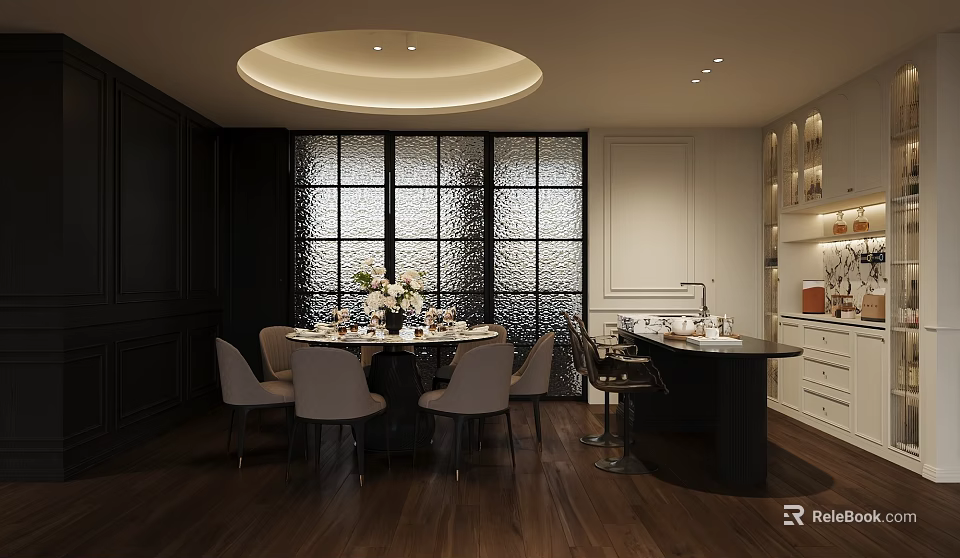 Modern Restaurant Interior Design With Round Table Chandelier Glass Partition And Wooden Floor 3d model 