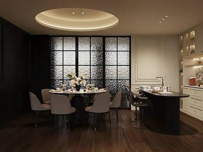 Modern Restaurant Interior Design With Round Table Chandelier Glass Partition And Wooden Floor 3d model