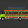 Vibrant Open Top Bus With Green Front And Colorful Striped Decorations
