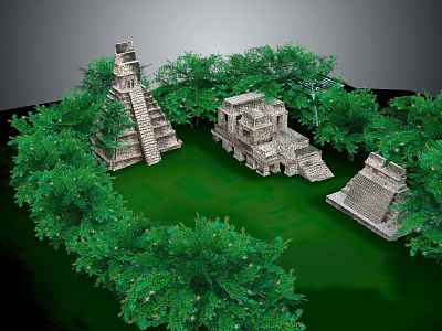 Ancient Stone Buildings With Pyramid Structures Surrounded By Green Trees And Grass 3d model