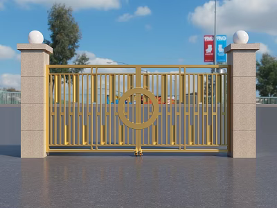 Golden Entrance Gate Featuring Stone Pillars White Spherical Tops And Circular Design 3d model