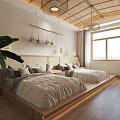 Minimalist Natural Bedroom Interior With Twin Platform Beds Wooden Headboards And Hanging Woven Decor