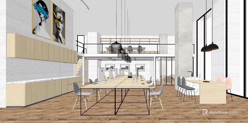 Modern Open Public Office Space With Large Shared Desk Hanging Lights And Decorative Paintings 3d model 